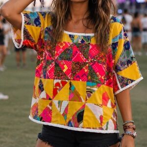 Patchwork Quilted Reversible Boho/Festival Short Sleeve Tunic with Open Back